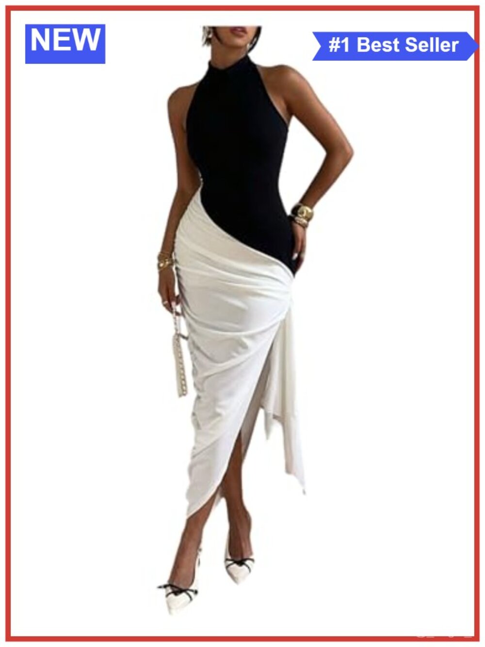 SOLY HUX Women's Color Block Halter Bodycon Long Dress Asymmetrical Hem